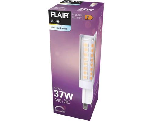 Balení stmívatelné LED žárovky Flair G9 s výkonem 4,9 W a světelným tokem 440 lumenů