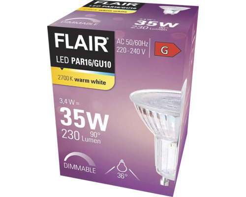 Balení stmívatelné LED žárovky Flair PAR16 GU10 s výkonem 35 W