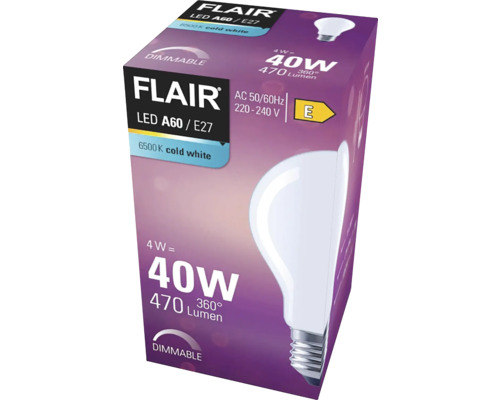 Balení stmívatelné LED žárovky Flair A60 E27 o výkonu 4 W a studeném bílém světle