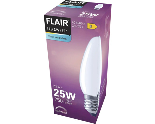 FLAIR LED žárovka C35/E27, studená bílá, stmívatelná