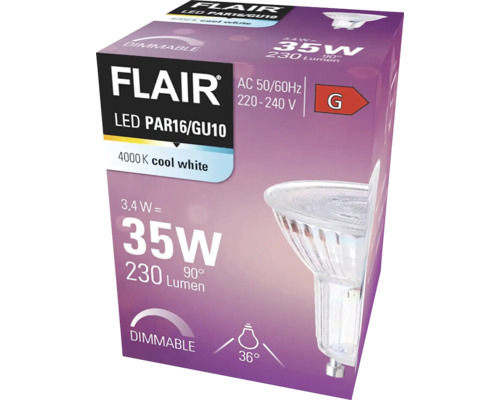 Balení stmívatelné LED žárovky Flair PAR16/GU10 s výkonem 3,4 W, 4000 K, 230 lumenů a třídou energetické účinnosti G