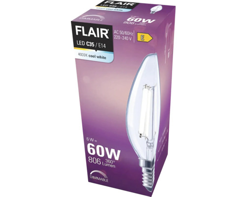 LED žárovka FLAIR C35 E14, 6 W, 806 lumenů