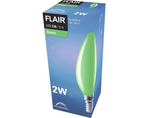 Žárovka LED Flair C35 E14, zelená, 2 W