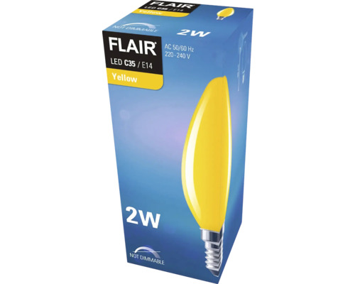 Balení žluté LED žárovky Flair C35 E14, 2 W, nestmívatelná