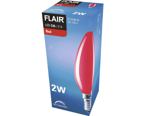 Balení červené LED žárovky Flair C35 E14 s výkonem 2 W