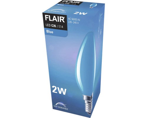 Balení nestmívatelné modré žárovky Flair LED C35 / E14 s výkonem 2 W