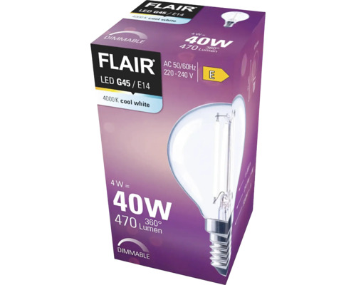 Balení stmívatelné LED žárovky Flair G45 E14 s výkonem 4 watty