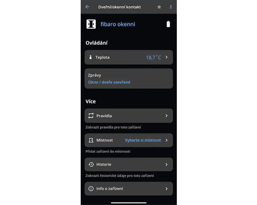 Zobrazení dveřního okenního kontaktu s indikací teploty.