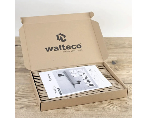 Otevřená kartonová krabice s logem Walteco a informacemi o produktu