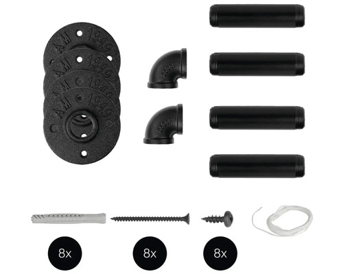 Stavebnice trubkové police s trubkami, přírubami, koleny a montážním materiálem