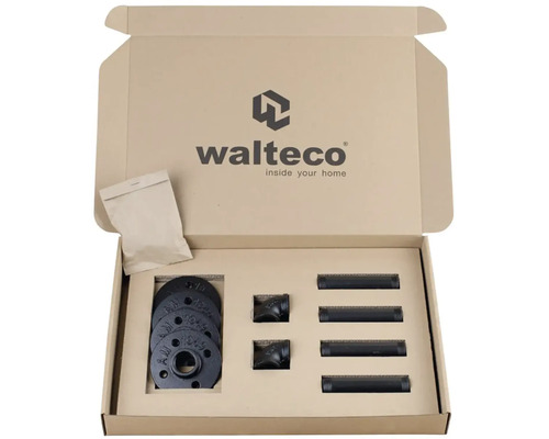 Sada pro stavbu polic v kartonové krabici s trubkami a přírubami