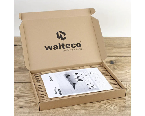 Otevřená kartonová krabice s montážním návodem a logem Walteco
