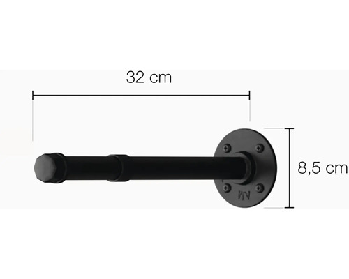 Černý kovový držák na ručníky o rozměrech 32 centimetrů a 8,5 centimetrů.