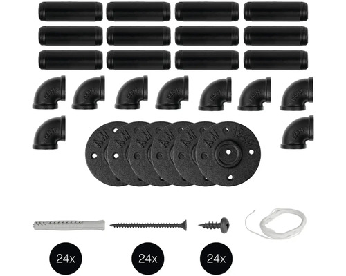 Sada trubkových spojek s trubkami, koleny, přírubami, hmoždinkami a šrouby