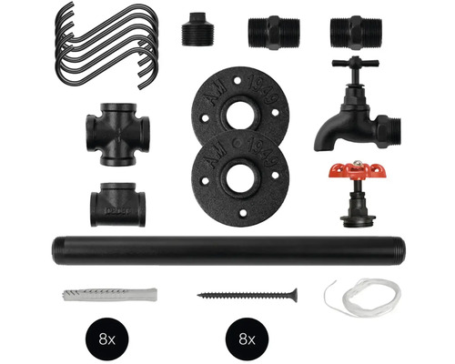 Sada sanitárních trubek, trubkových kolen, esovitých háků, šroubů a hmoždinek