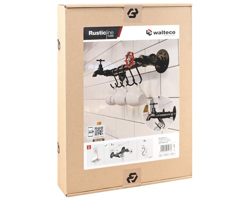 Balení nástěnné věšákové lišty v industriálním stylu s designem vodovodního kohoutku včetně háčků