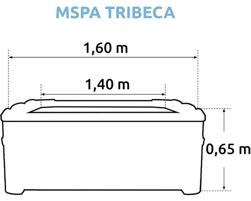 Rozměry vířivky MSPA Tribeca: délka 1,60 metru, šířka 1,40 metru a výška 0,65 metru