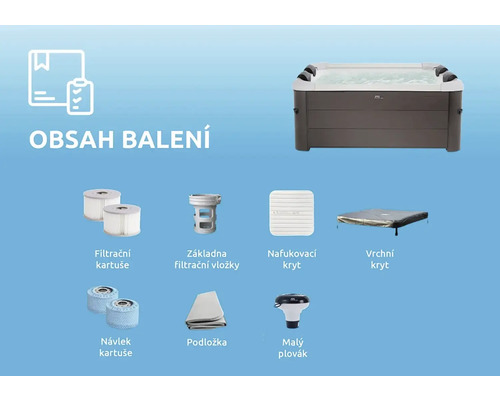 Obsah balení s vířivkou, filtračními patronami, pouzdrem filtru, krytem a dalším příslušenstvím