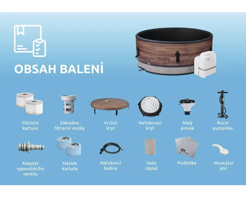 Obsah balení nafukovací vířivky s filtračními patronami, krytem, čerpadlem a příslušenstvím
