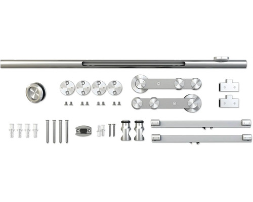 Sada posuvných dveřních kování s vodicí lištou, válečky a upevňovacím materiálem