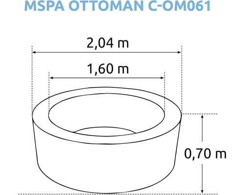 Rozměry produktu MSPA Ottoman C-OM061: délka 2,04 metru, šířka 1,60 metru a výška 0,70 metru.