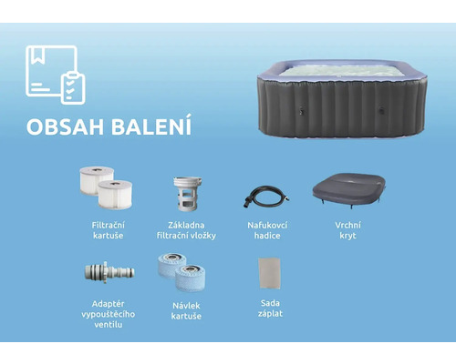 Obsah balení nafukovací vířivky s filtračními patronami, základnou filtračních patron, hadicí, krytem, adaptérem pro vypouštěcí ventil a sadou záplat