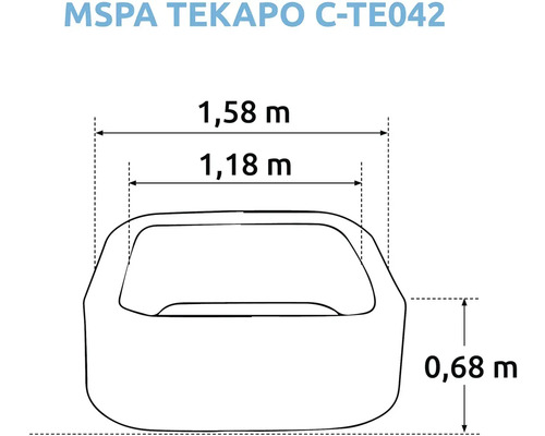 Nákres vířivky MSpa Tekapo C-TE042 o rozměrech 1,58 metru krát 1,18 metru krát 0,68 metru.