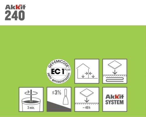 Informace o produktu Akkit 240 s pečetí GEV-Emicode, pokyny ke zpracování a logem systému Akkit