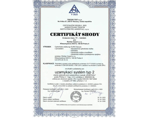 Certifikát shody pro cylindrickou vložku typu EURO Secure