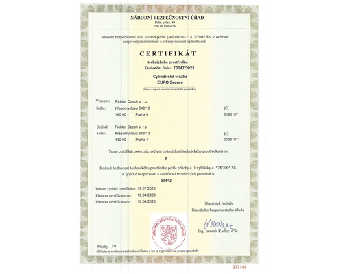 Certifikát pro cylindrickou vložku EURO Secure