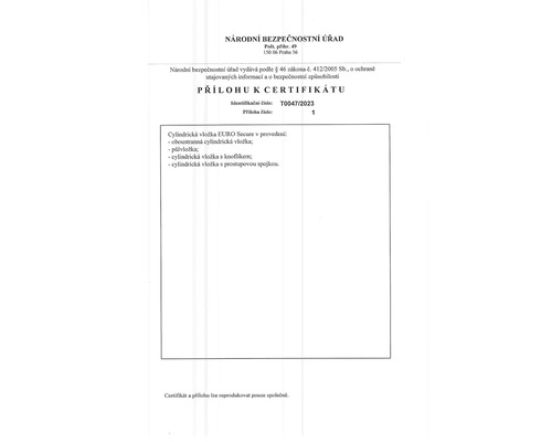 Příloha k certifikátu s informacemi o cylindrické vložce EURO Secure