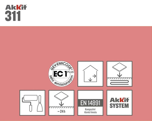 Informace o produktu Akkit 311 s pečetí GEV Emicode EC1 Plus, vhodné do interiéru, norma EN 14891 a logo Akkit System.