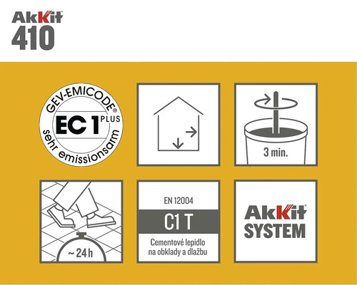 Akkit 410 podrobnosti o produktu: GEV Emicode EC1 Plus pečeť velmi nízké emise, vhodné pro vnitřní použití, doba míchání tři minuty, pochozí po cca 24 hodinách, EN 12004 C1 T cementové lepidlo na obklady a dlažby, logo Akkit System