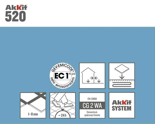 Detaily produktu spárovací hmoty na dlaždice Akkit 520 s pečetí Emicode EC 1 pro výrobky s velmi nízkými emisemi, vhodné pro šířky spár od 1 do 8 milimetrů, doba vytvrzení přibližně 24 hodin a logo Akkit System