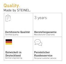 Vlastnosti produktu Steinel: certifikovaná kvalita, tříletá záruka výrobce, vyvinuto v Německu, osobní zákaznický servis