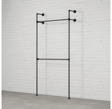 Černý nástěnný věšák na oblečení z kovových trubek se dvěma tyčemi na šaty