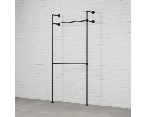 Černý nástěnný věšák na oblečení z kovových trubek se dvěma tyčemi na šaty