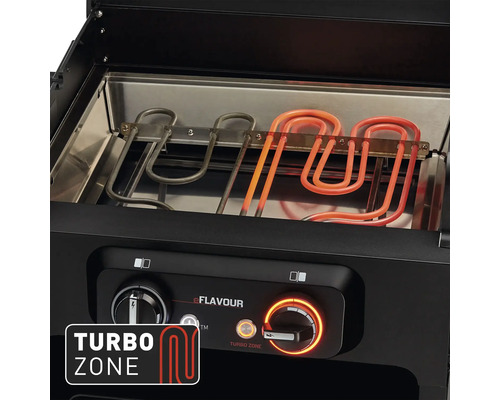 Detailní pohled na gril eFlavour s funkcí Turbo Zone a topnými tělesy.