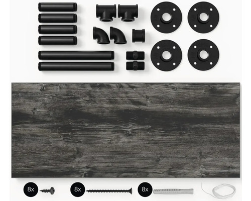 Police s trubkami, šrouby a hmoždinkami pro montáž na stěnu