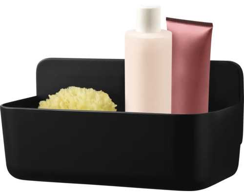 Černý sprchový košík s houbou, pleťovou vodou a tubou