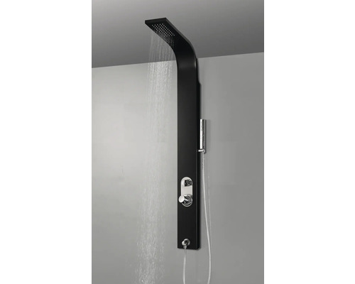 Černý sprchový panel s dešťovou sprchovou hlavicí a ruční sprchou