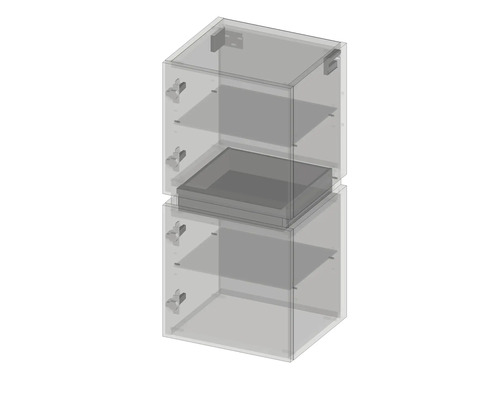 Ilustrace dvoudílné kuchyňské skříňky s policemi