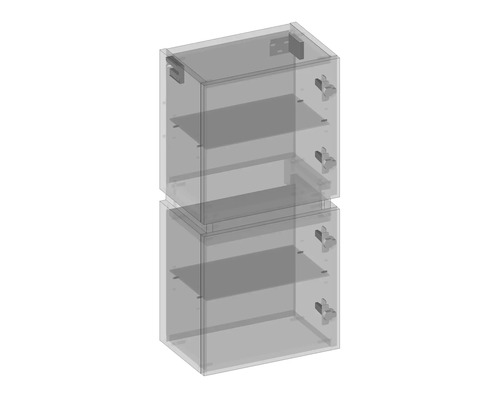 Dvě průhledné skříně s policemi naskládané na sebe.