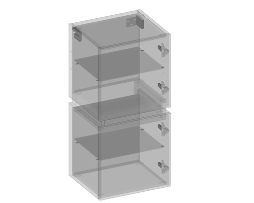 Pohled shora na modulární skříňový systém se dvěma skříněmi a policemi