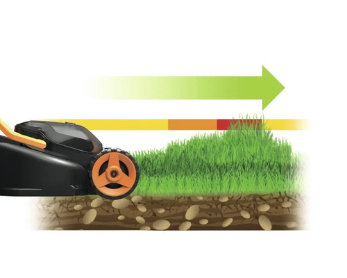 Ilustrace sekačky na trávu sekající trávu s barevným indikátorem výšky sečení