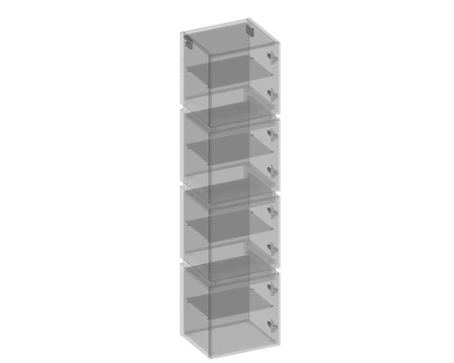 Čtyři na sobě naskládané policové prvky s dvířky