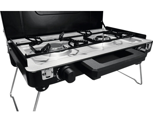 Přenosný plynový vařič se dvěma hořáky a nožičkami
