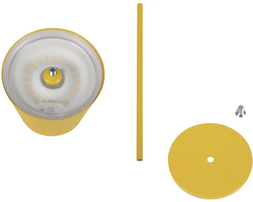 Žlutá LED stolní lampa v jednotlivých částech s podstavcem, tyčí, lampou a šroubem