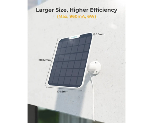 Solární panel Reolink o rozměrech 210,61 mm x 174,6 mm a tloušťce 6,6 mm pro napájení bezpečnostních kamer