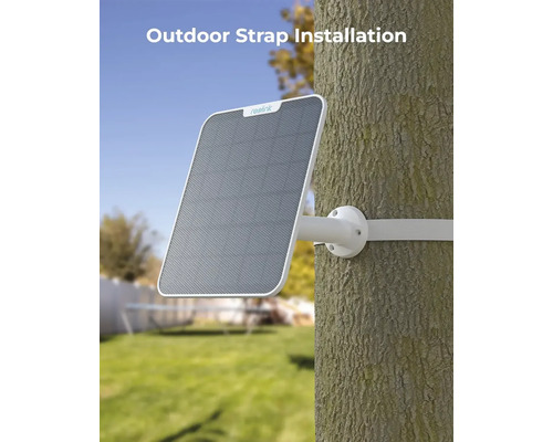 Solární panel Reolink s upevňovacím popruhem namontovaný na stromě.
